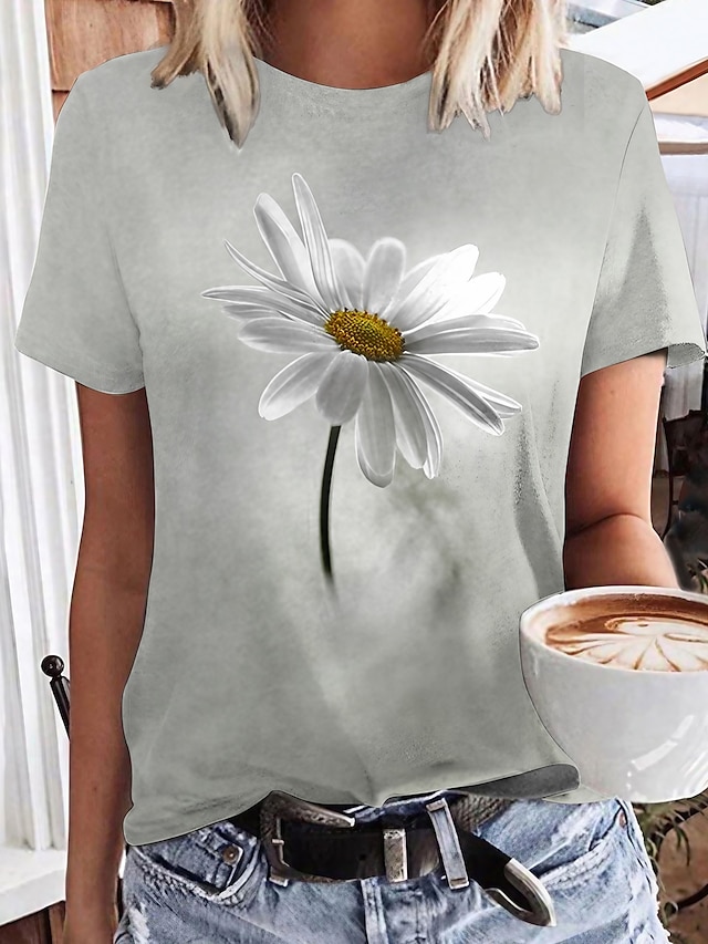  Damen T Shirt Blumen Casual Festtage Wochenende Bedruckt Schwarz Kurzarm Basic Rundhalsausschnitt