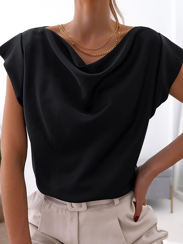  top de camisa de mujer de verano de color sólido simple de manga corta con cuello oscilante para mujer