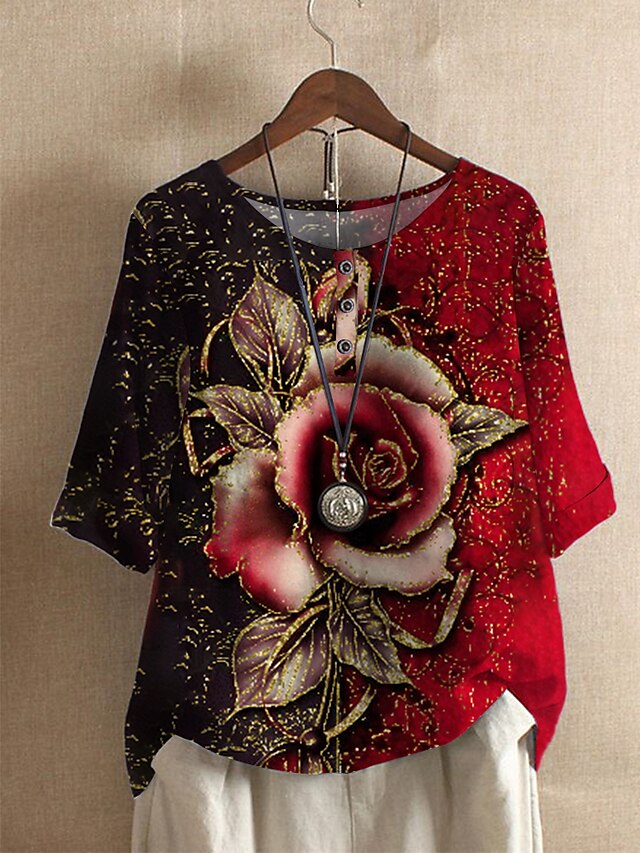  Dame T-shirt Blomst Daglig Blomster Tema Halvlange ærmer T-shirt Rund hals Trykt mønster Basale Rød S / 3D-udskrivning