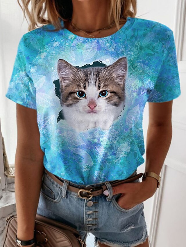  Dame T skjorte Katt 3D Avslappet Helg 3D Cat Maling Kortermet T skjorte Rund hals Trykt mønster Grunnleggende Grønn Blå Lilla S / 3D-utskrift
