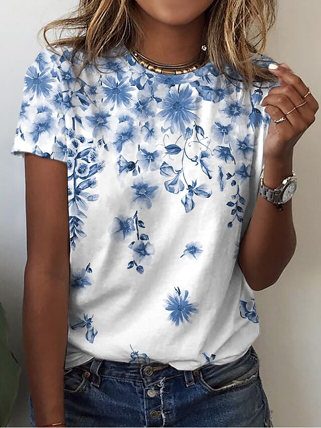  Per donna maglietta Floreale Informale Per eventi Fine settimana Floreale Pittura Manica corta maglietta Rotonda Stampa Essenziale Blu Rosa Giallo S / Stampa 3D