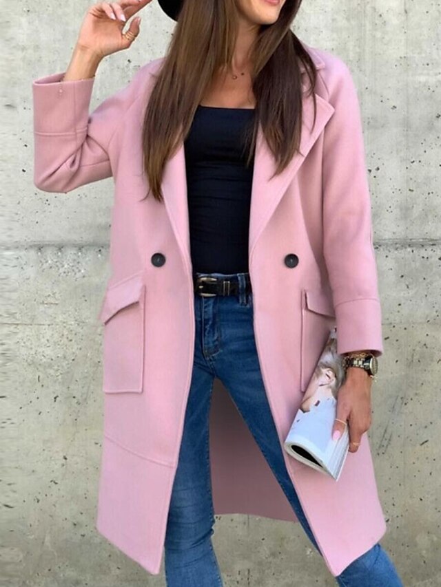 Women's Coat Winter Fall Street Daily Holiday Long Coat Warm Breathable Regular Fit Casual Jacket Long Sleeve Slim Fit Solid Color Black Pink Khaki