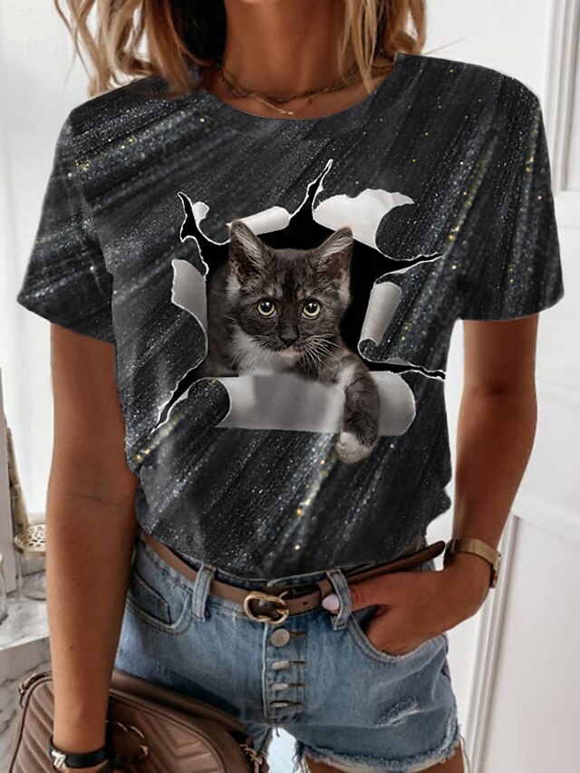  Damen T Shirt Katze 3D Casual Wochenende 3D Cat Farbe Kurzarm T Shirt Rundhalsausschnitt Bedruckt Basic Grün Schwarz Blau S / 3D-Druck