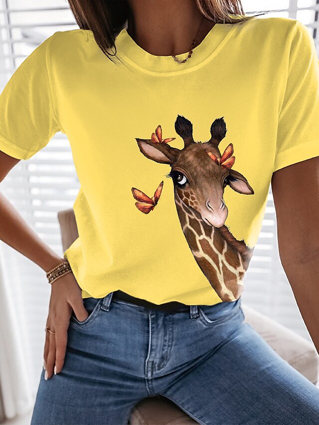  Women's T shirt Tee Cotton 100% Cotton Giraffe Black White Yellow Print Short Sleeve Casual Weekend Basic Round Neck Regular Fit