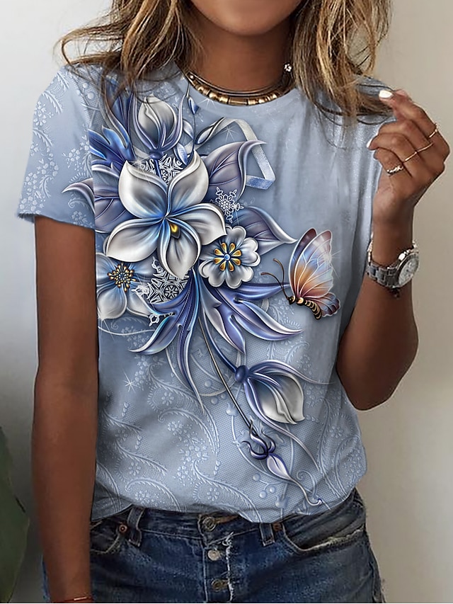  T shirt Tee Femme Rose Claire Bleu Vert Imprimer Floral Casual Vacances Manche Courte Col Rond basique Normal Standard Fleur Peinture S