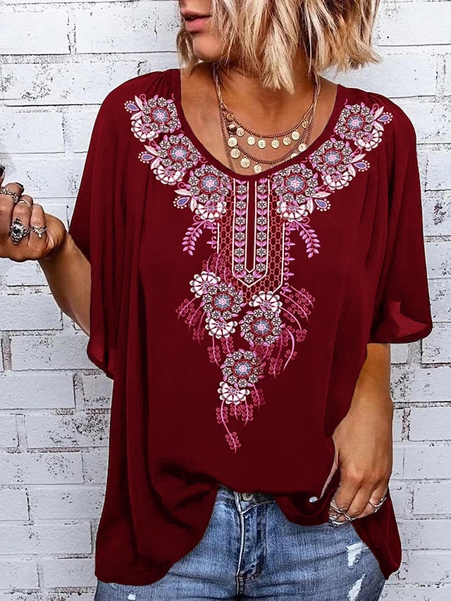  Women's Plus Size Tops T shirt Tee Floral Short Sleeve Basic V Neck 95% Polyester 5% Spandex Daily Vacation Spring Summer claret Green