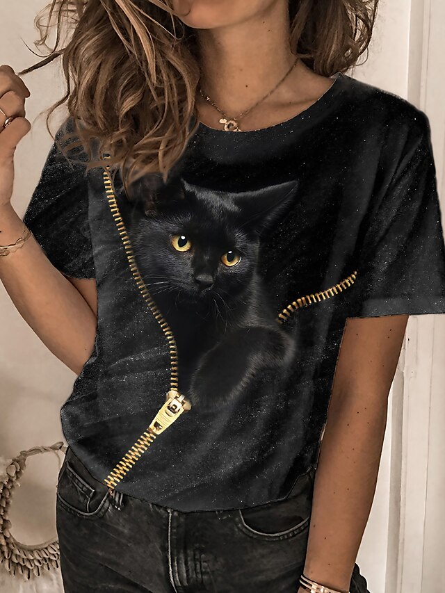  Dame T skjorte Katt 3D Trykt mønster Avslappet Helg Grunnleggende Kortermet Rund hals Sølv