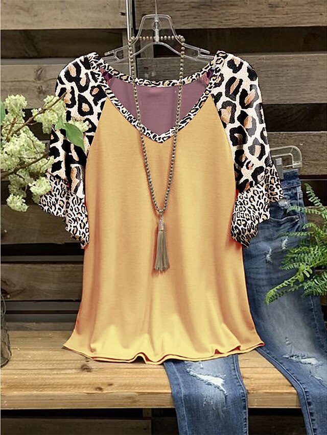  Damen T Shirt Leopard Heim Casual Täglich Kurzarm T Shirt V Ausschnitt Bedruckt Vintage Gelb Leicht Braun Khaki S