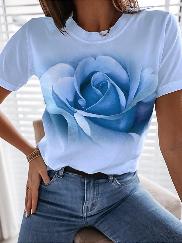  Dame T skjorte Gul Rosa Blå Trykt mønster Blomstret 3D Avslappet Ferie Kortermet Rund hals Grunnleggende Normal Blomster Tema 3D Maling S