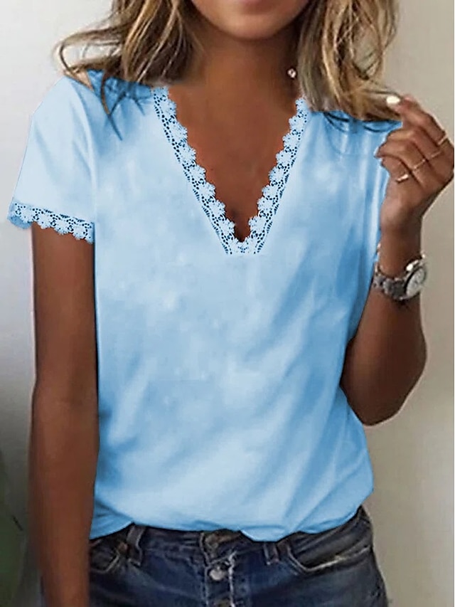  Per donna maglietta Bianco Giallo Blu Pizzo Finiture in pizzo Liscio Informale Fine settimana Manica corta A V Essenziale Standard S