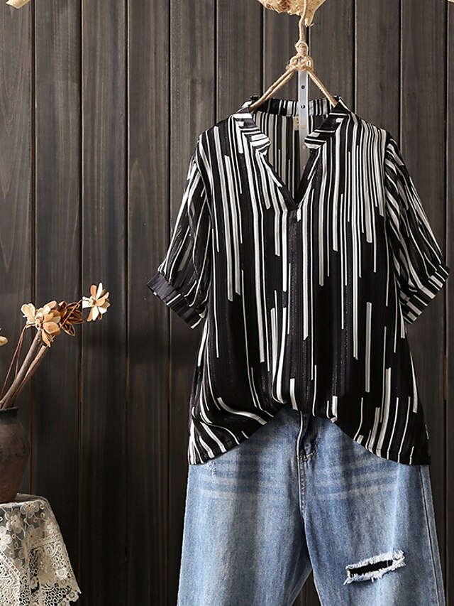  Women's Blouse Striped Daily Weekend Short Sleeve Blouse Shirt V Neck Print Casual Streetwear White Black XL