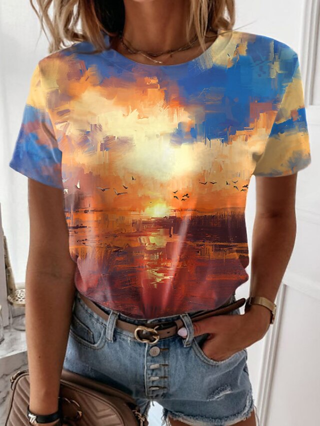  Women's T shirt Tee Scenery Tie Dye 3D Casual Holiday Weekend Abstract Painting Short Sleeve T shirt Tee Round Neck Print Basic Essential Blue S / 3D Print