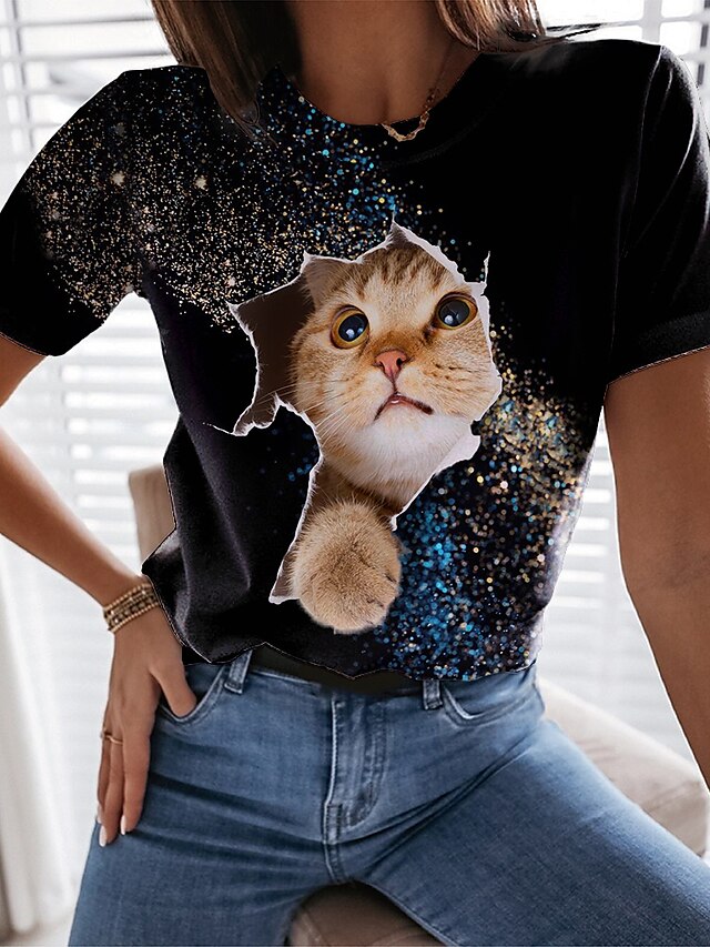  Dame T-shirt Sort Blå Trykt mønster Kat 3D Afslappet Weekend Kortærmet Rund hals Basale Normal 3D kat Maleri S