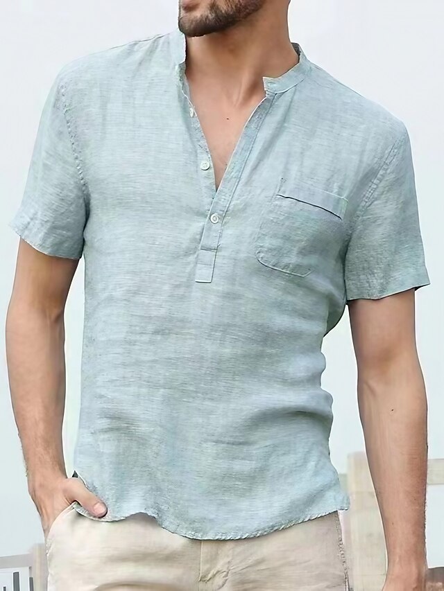  Per uomo Camicia camicia di lino Colletto Tinta unica Tasche Blu chiaro Mandorla Verde Bianco Nero Manica corta Strada Spiaggia Top Leggero Traspirante / Lavaggio a bagnato / secco