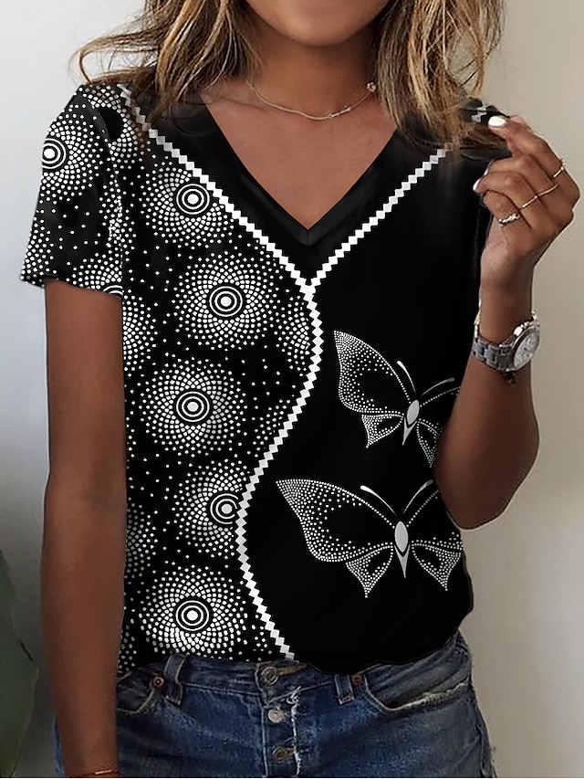  Damen T Shirt Schwarz Bedruckt Schmetterling Casual Wochenende Kurzarm V Ausschnitt Basic Standard Schmetterling Farbe S