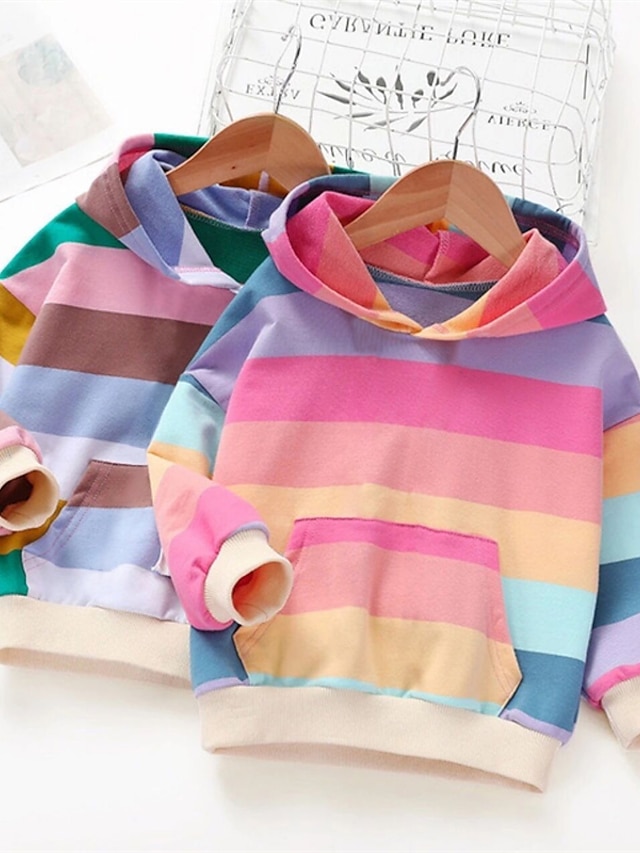  Kids Girls' Hoodie & Sweatshirt Long Sleeve Rainbow Stripe Pocket Candy color Hoodie Red Green