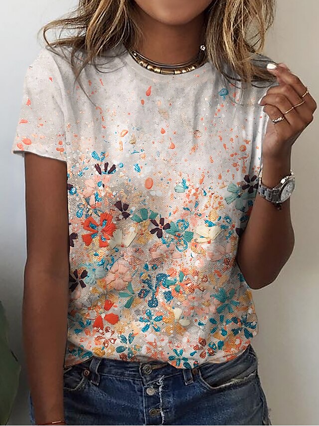  Women's T shirt Tee Orange Print Floral Casual Holiday Short Sleeve Round Neck Basic Regular Floral Painting S / 3D Print