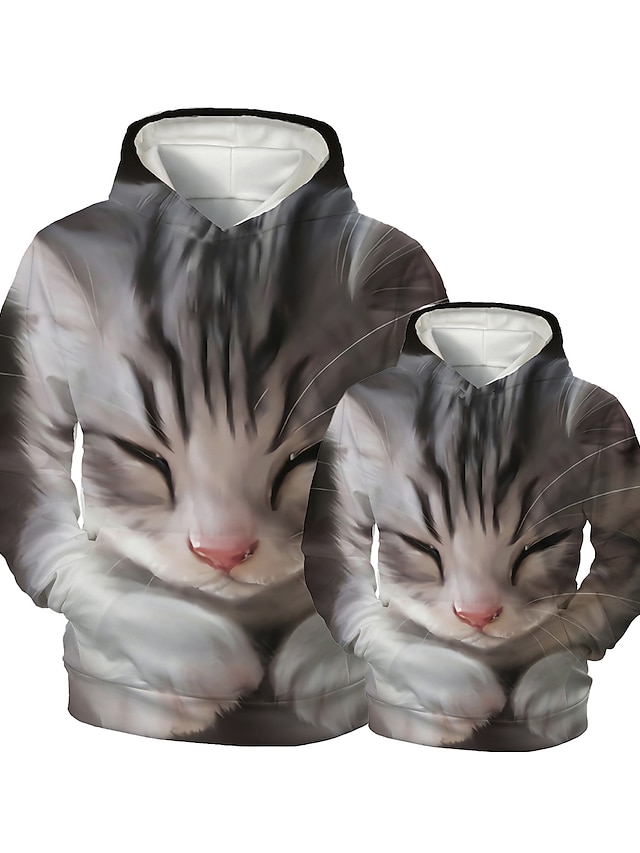  Hoodie & Sweatshirt Family Look Graphic Optical Illusion Animal Print Gray Long Sleeve 3D Print Active Matching Outfits