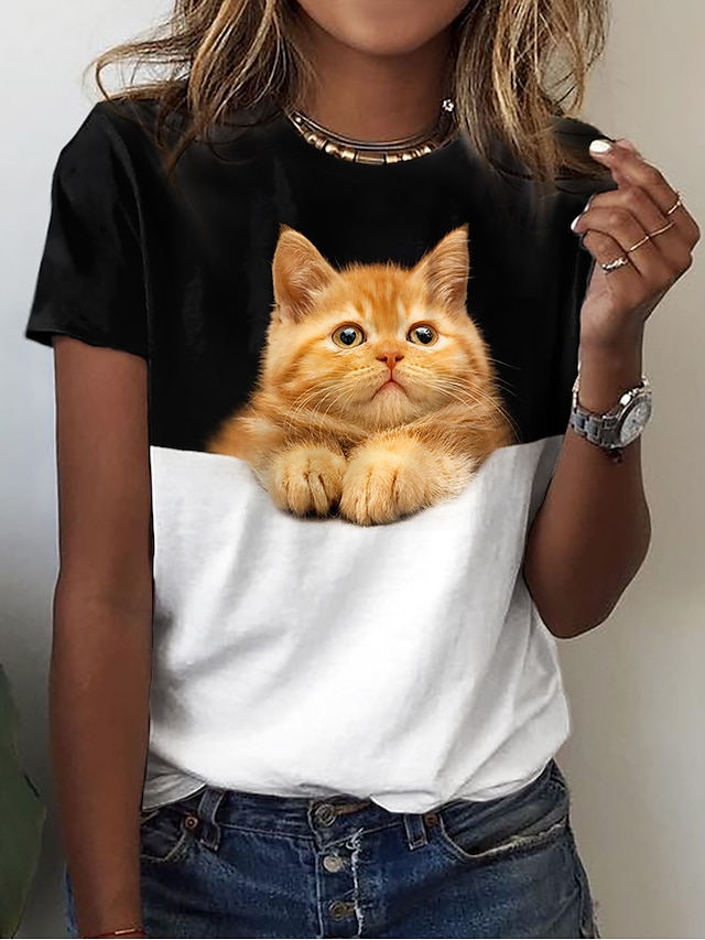  Women's T shirt Tee Black Print Cat 3D Casual Weekend Short Sleeve Round Neck Basic Regular 3D Cat Painting S