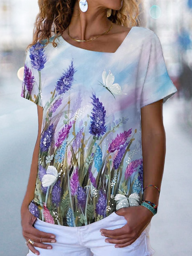  Damen T Shirt Blumen Casual Wochenende Blume Farbe Kurzarm T Shirt V Ausschnitt Bedruckt Basic Purpur S / 3D-Druck