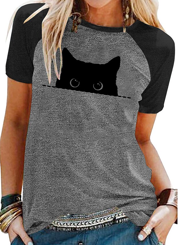  Damen T-Shirt Kleid Grün Blau Hellgrau Bedruckt Graphic Katze Casual Täglich Kurzarm Rundhalsausschnitt Basic Standard Katze S