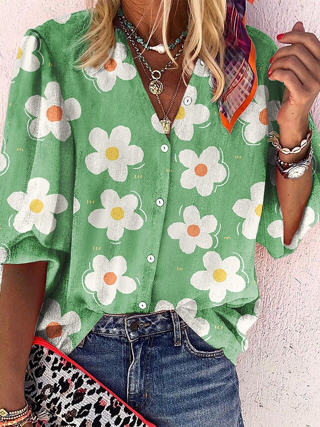  Per donna Blusa Floreale Giornaliero Fine settimana Floreale Manica lunga Blusa Camicia Colletto Mao Pulsante Stampa Informale Streetwear Verde Blu Rosa S / Stampa 3D