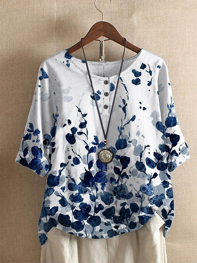  Damen T Shirt Blau Purpur Rote Bedruckt Blumen Täglich Halbe Ärmel Rundhalsausschnitt Basic Standard Blume S / 3D-Druck