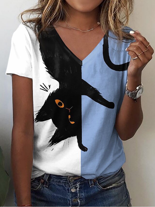  Damen T Shirt Rosa Blau Purpur Bedruckt Farbblock Katze Casual Wochenende Kurzarm V Ausschnitt Basic Standard Katze Farbe S