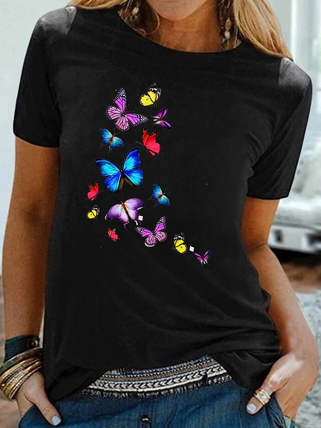  Damen T Shirt 100% Baumwolle Graphic Schmetterling Schwarz Bedruckt Kurzarm Täglich Ausgehen Basic Rundhalsausschnitt Regular Fit