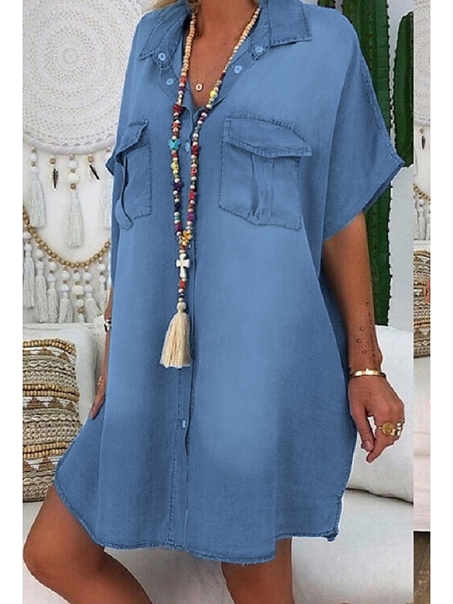  Damen Jeanshemd Kleid Knielanges Kleid Blau Staubiges Blau Leicht Blau Kurzarm Sommer V-Ausschnitt heiß Freizeit 2021 S M L XL XXL 3XL / 100% Baumwolle / 100% Baumwolle