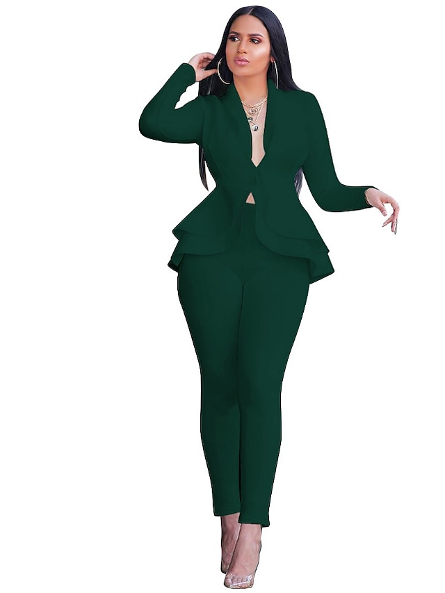 Mujer Chaqueta de sport traje de oficina Conjuntos de pantalones Color sólido Oficina Usar para trabajar Volante Negro Manga Larga Vintage Básico Cuello Camisero Otoño invierno