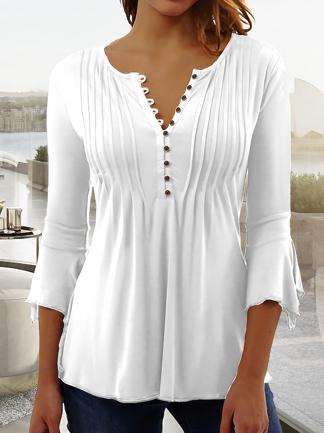  Damen Hemd Tunika Bluse Glatt Casual Taste Fließende Tunika Weiß 3/4 Ärmel Basic V Ausschnitt