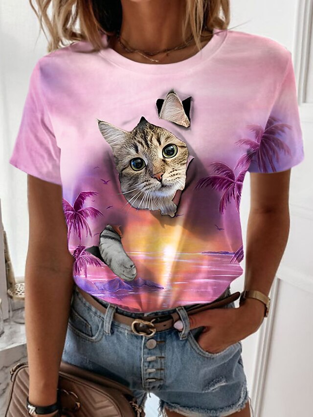  Dame T skjorte Rosa Trykt mønster Katt 3D Avslappet Helg Kortermet Rund hals Grunnleggende Normal 3D Cat Maling S
