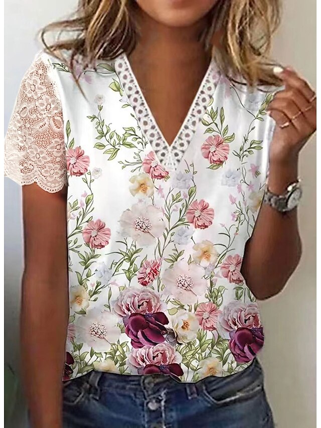 Women's T shirt Tee White Floral Lace Print Short Sleeve Casual Holiday Weekend Basic V Neck Regular Fit Floral Painting