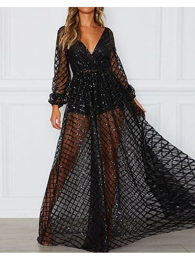  Women's Maxi long Dress Swing Dress Black Gold Long Sleeve Backless Sequins Mesh Pure Color V Neck Fall Spring Party Elegant Sexy 2022 S M L XL XXL / Summer / Party Dress