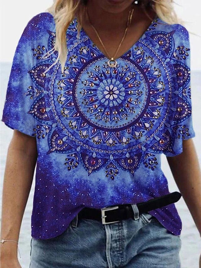  Women's Casual Weekend T shirt Tee Floral Painting Short Sleeve Floral Graphic V Neck Print Basic Tops Green Blue Purple S / 3D Print