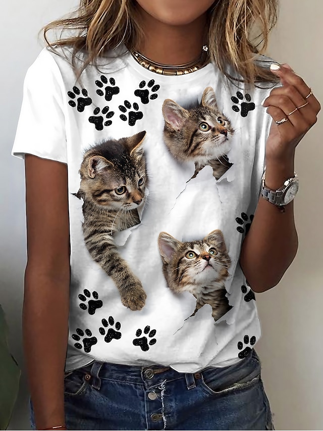  Damen T Shirt Katze 3D Casual Wochenende Bedruckt Weiß Kurzarm Basic Rundhalsausschnitt