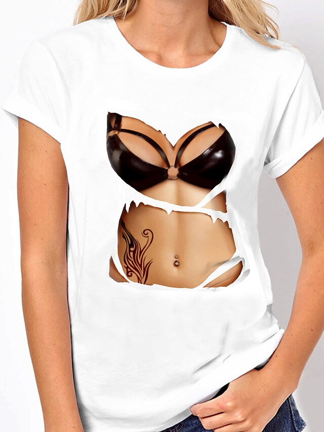  Dame T-shirt 3D Grafisk 3D Rund hals Trykt mønster Basale Sexet Toppe 100 % bomuld Sort Hvid
