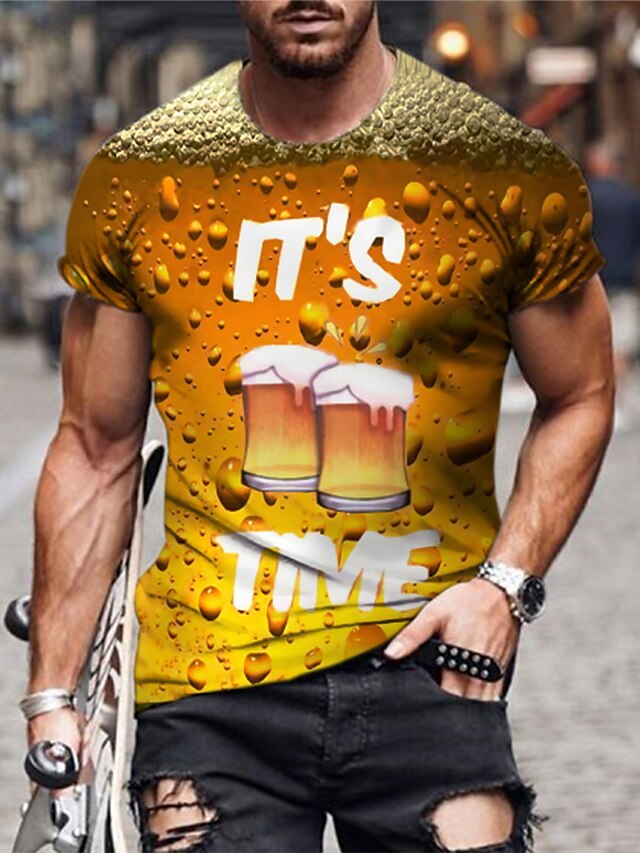  Herre T-shirt Skjorte Grafisk Øl 3D-udskrivning Rund hals Daglig Kortærmet Trykt mønster Toppe Basale Grågrøn Vin Grøn / Sommer