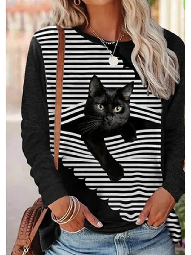  Dame T skjorte Katt Stripet 3D Avslappet Helg Svart Trykt mønster Langermet Grunnleggende Rund hals Normal
