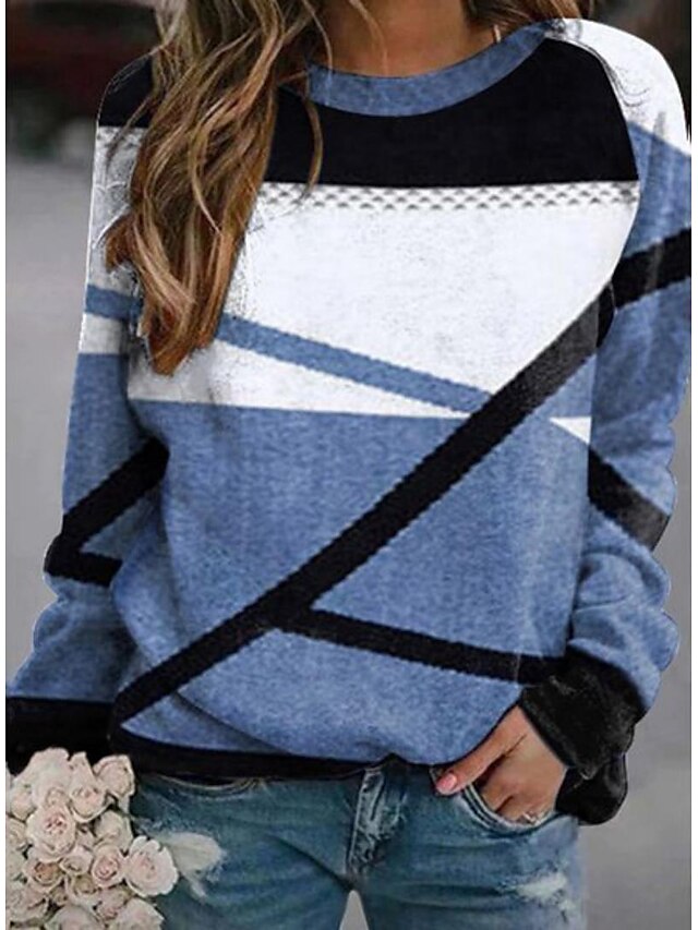  Dame Sweatshirt bluse Trykt mønster Aktiv Gade Blå Geometrisk Daglig Langærmet Rund hals S M L XL XXL 3XL