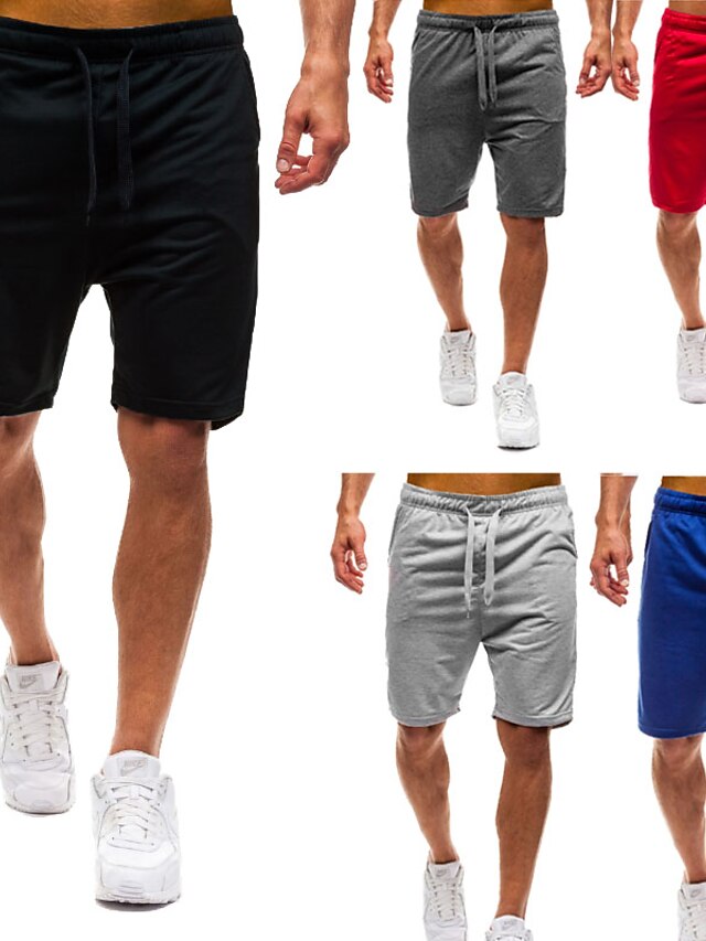  Men‘s Summer  Elastic Waist Casual Shorts Sports Pants Solid Color with Pocket Drawstring  for Beach