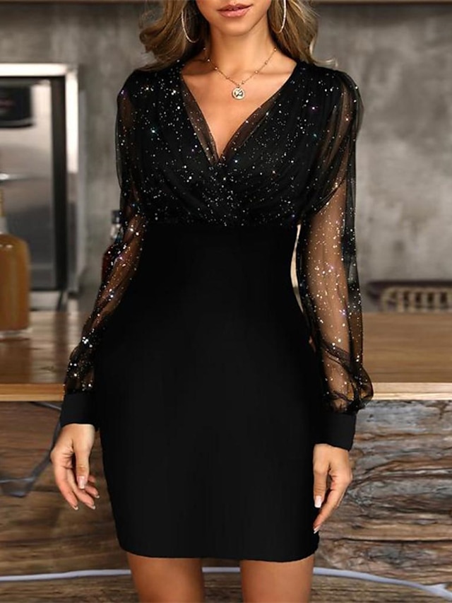  Schwarzes Kleid für Hochzeitsgäste, Cocktailkleid, sexy, V-Ausschnitt, figurbetont, Patchwork, lange Netzärmel, Frühling, Sommer