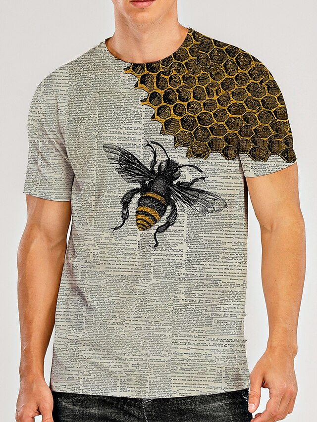  Biene auf Bienenwabe Herren Grafikshirt Vintage 3D für | Weißes Sommer-Baumwoll-T-Shirt mit Aufdrucken, Rundhalsausschnitt, Gelb, Alltag, Urlaub, Kurzarm, Kleidung, Geburtstag und