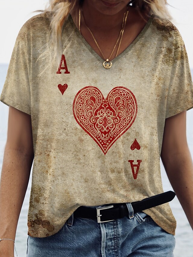  Damen T Shirt Braun Bedruckt Graphic Herz Täglich Wochenende Kurzarm V Ausschnitt Vintage Basic Standard Farbe S