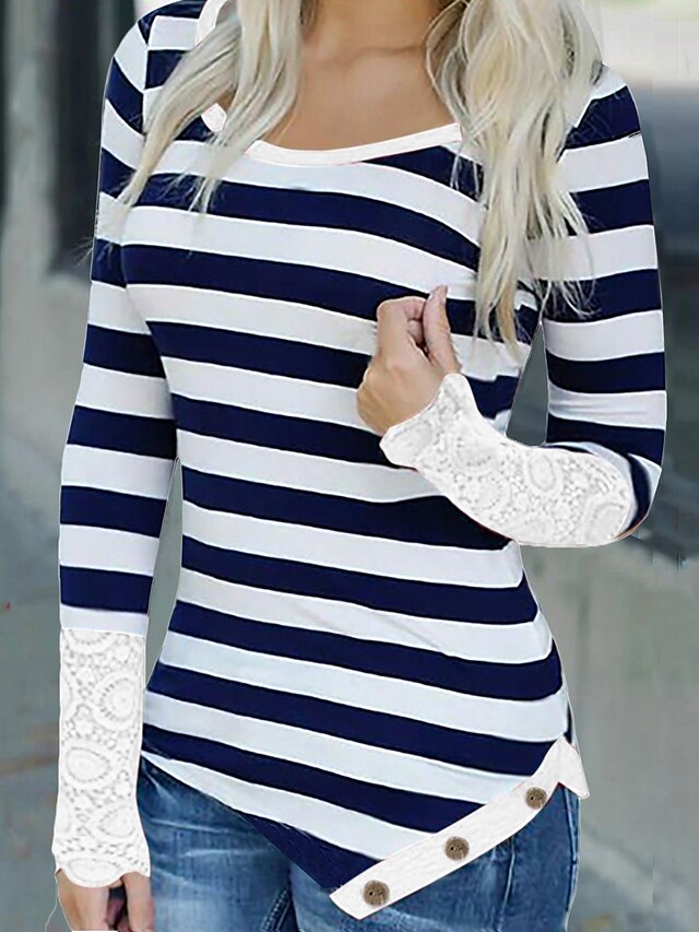  Women's T shirt Tee Red Navy Blue Black Lace Striped Daily Long Sleeve Round Neck Punk & Gothic Regular S / 3D Print
