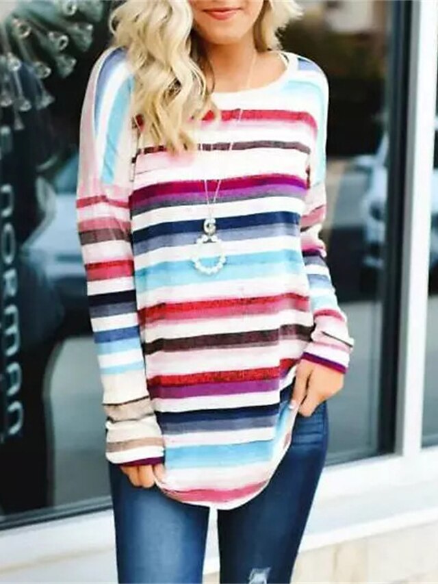  Women's T shirt Tee Blue Red Patchwork Striped Casual Holiday Long Sleeve Round Neck Basic Regular S