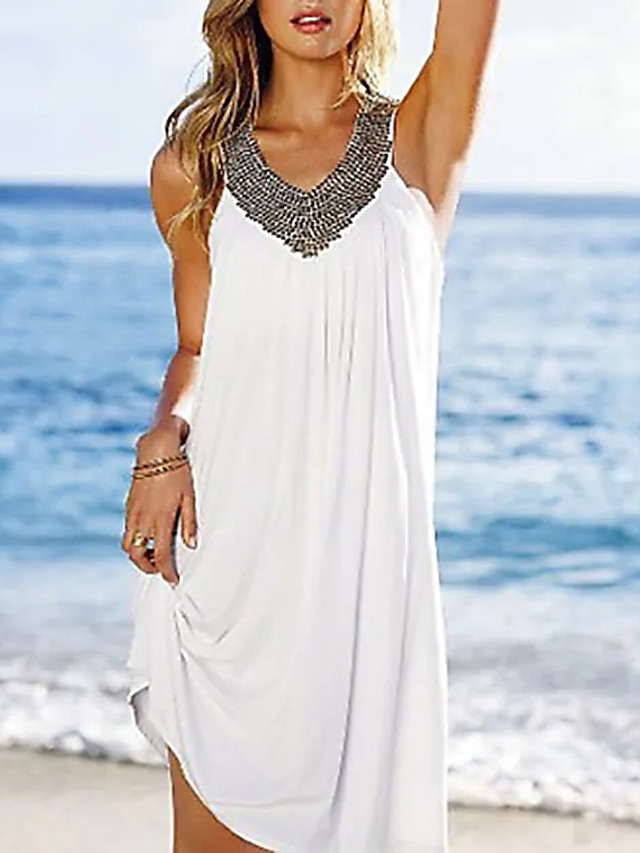  Women's Short Mini Dress Sundress Green White Purple Sleeveless Sequins Pure Color V Neck Spring Summer Casual Vacation 2022 One-Size