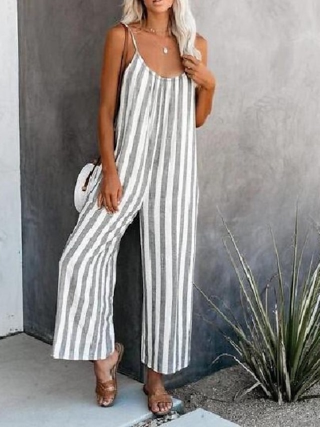  Women's Jumpsuit Striped Casual Daily Going out Spaghetti Strap Loose Blue S M L Spring