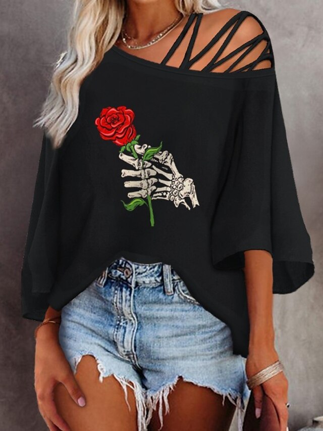  Damen T Shirt Schwarz Kalte Schulter Bedruckt Totenkopf Motiv Rose Casual Wochenende 3/4 Ärmel Ein-Schulter Basic Standard Blume Farbe S / 3D-Druck